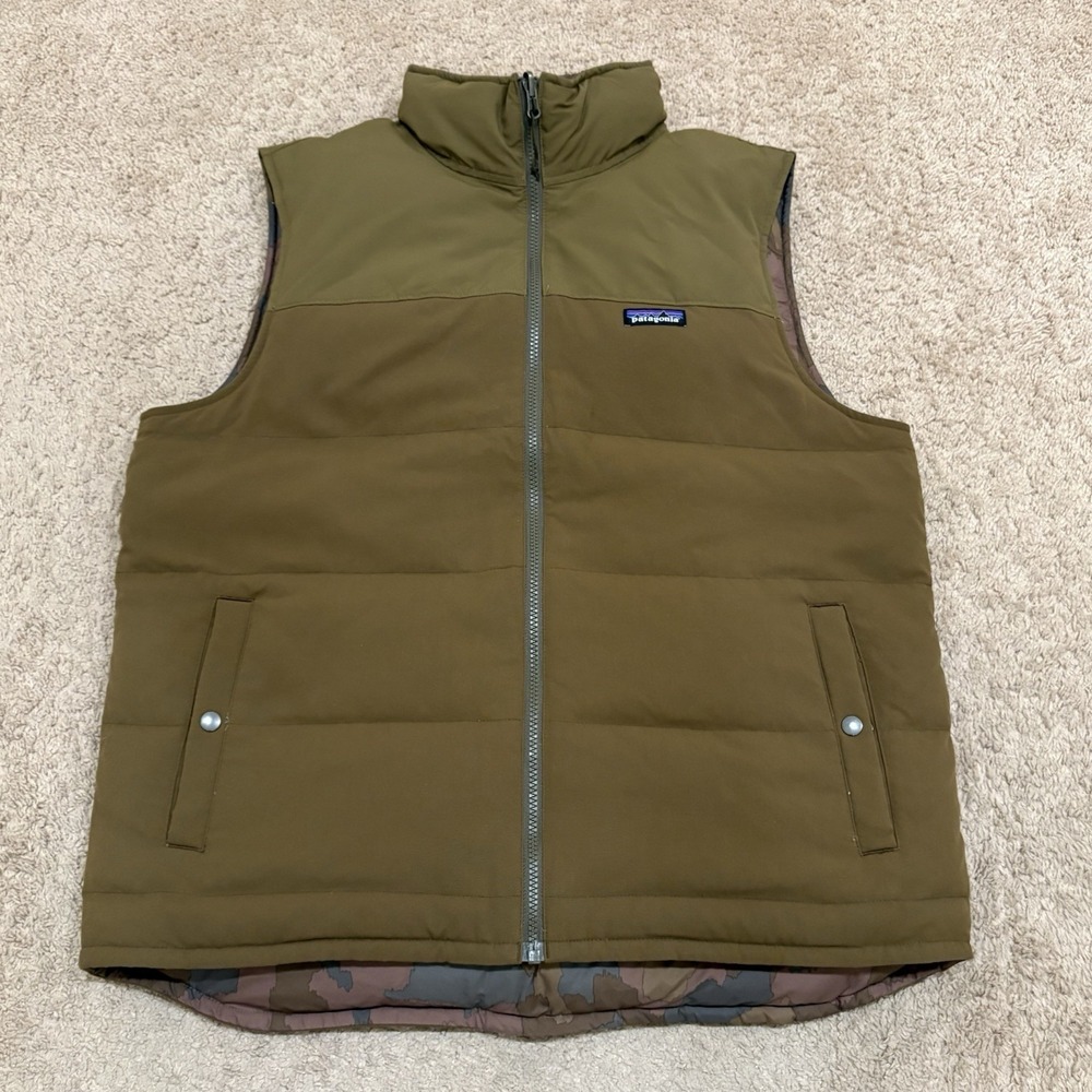 Patagonia Reversible Bivy Down Vest Mens Large Brown Camo Puffer Outdoor Hiking